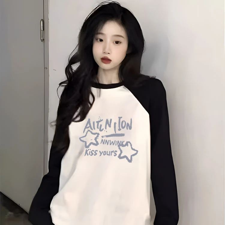 大童女孩纯棉插肩袖字母长袖t恤女童春秋黑白拼接打底内搭上衣潮