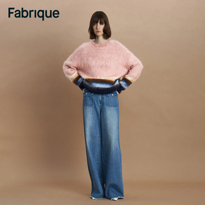 Fabrique Ava 秋冬新款樱花粉软糯彩条羊驼毛女宽松圆领针织毛衣