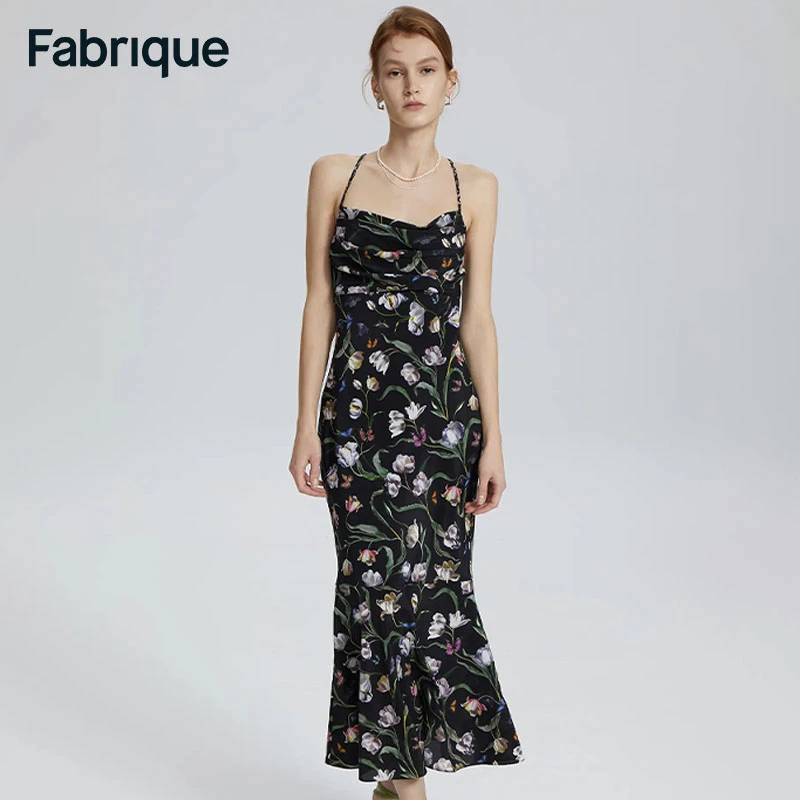 Fabrique Sabrina 6A级桑蚕丝混纺荡领露背郁金香蝴蝶印花连衣裙