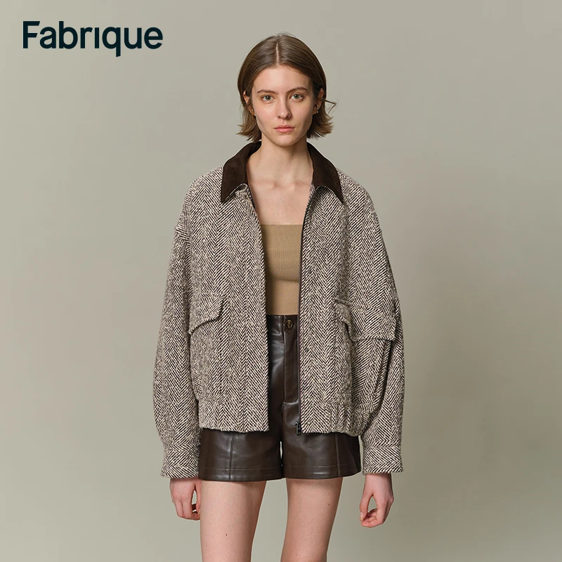 Fabrique Dakota 雅丹风混色人字纹毛呢宽松廓形休闲夹克短外套