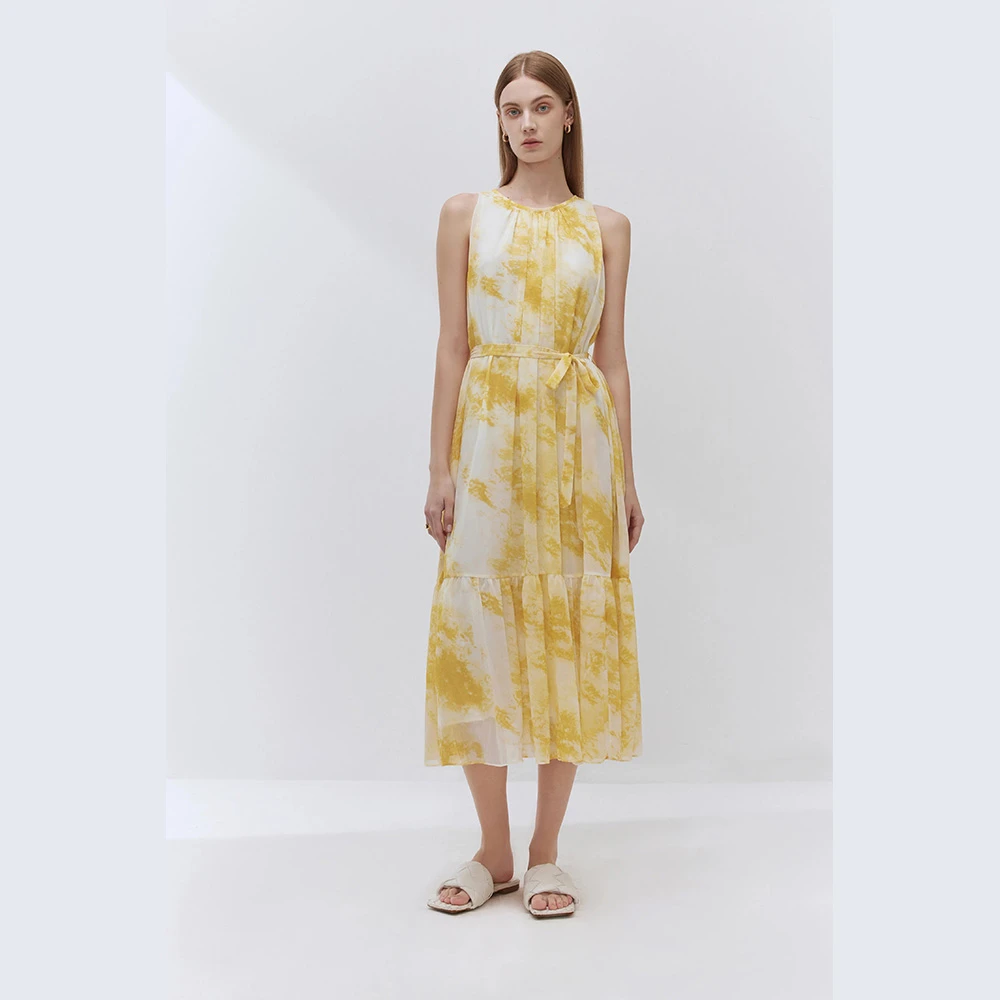 Fabrique关晓彤同款云朵印花无袖系带碎花显瘦气质设计师连衣裙