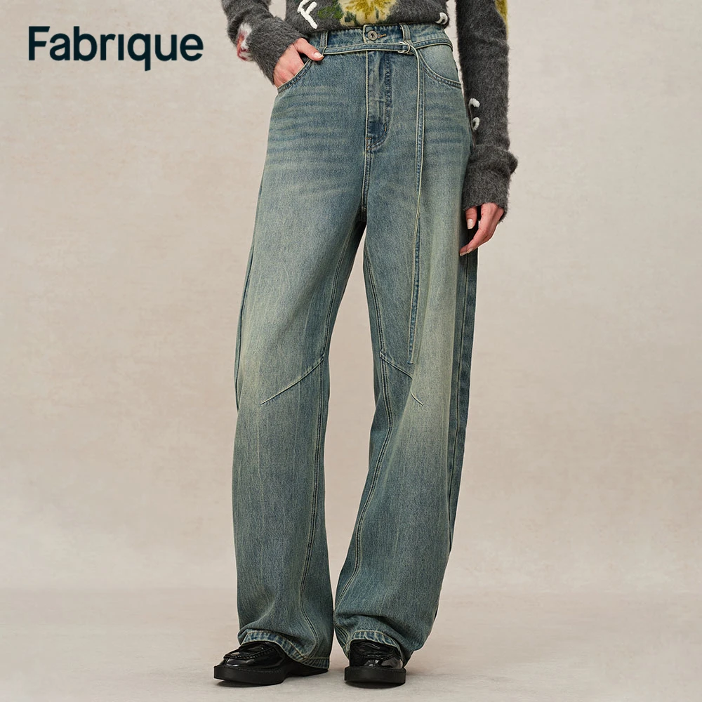 Fabrique Skylar 秋冬新款设计感复古做旧水洗腰带阔腿弯刀牛仔裤