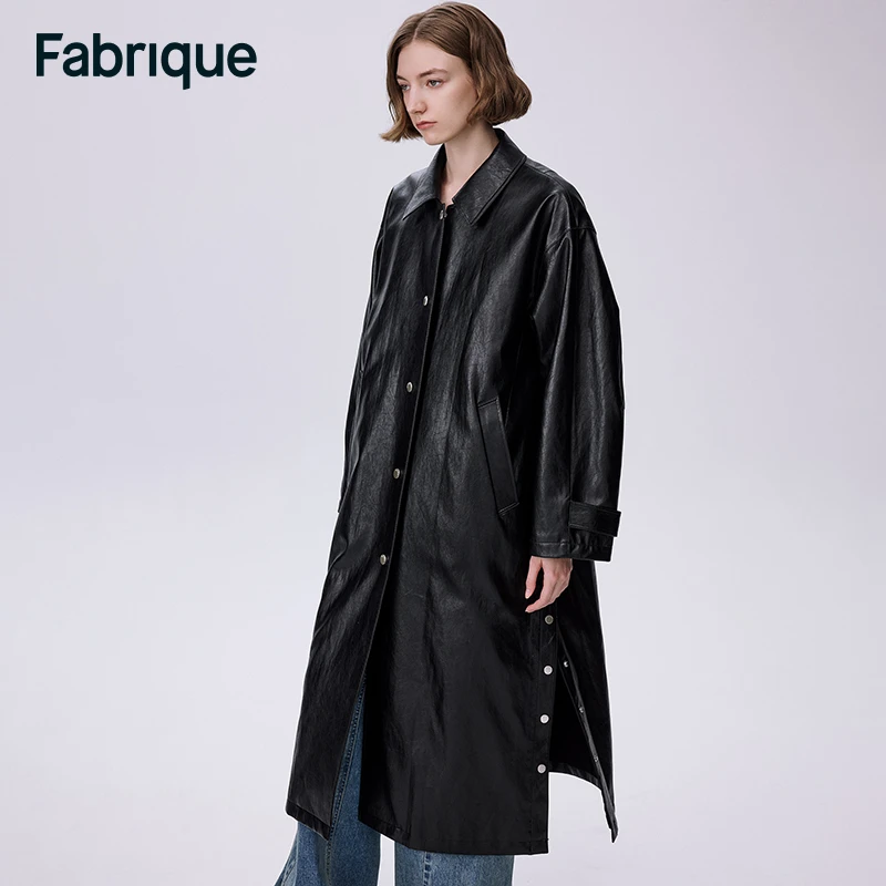 Fabrique【叶童江一燕同款】美式复古做旧环保皮翻领大廓形风衣外套