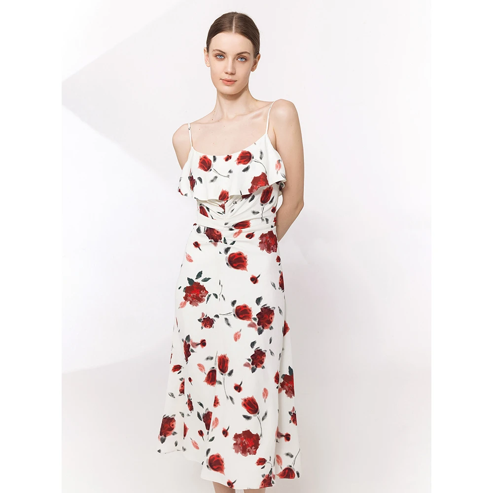 Fabrique玫瑰花印花七夕浪漫捏褶吊带连衣裙2024春夏新款气质裙子