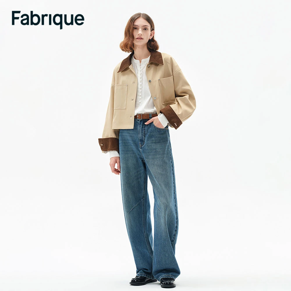 Fabrique Morston 早春新款浅卡其斜纹棉撞色翻领宽松短款女夹克