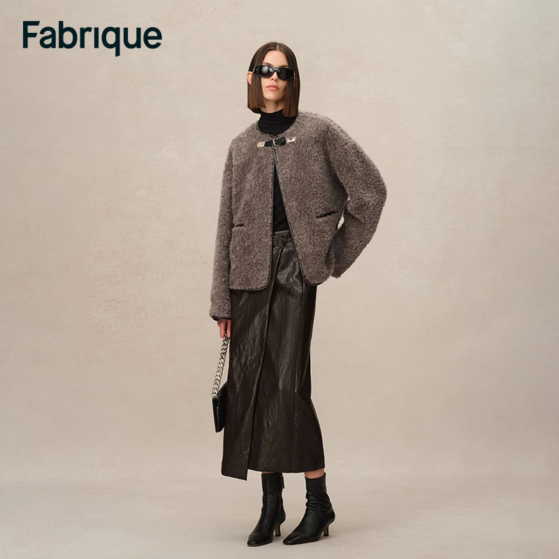 【Fabrique】Wilton秋冬新款设计感灰驼色绵羊毛泰迪绒圆领短款夹克