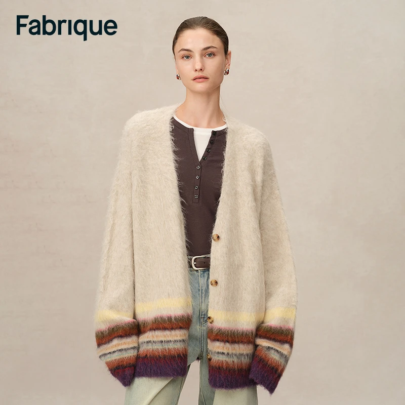 Fabrique【孟大宝同款】秋冬奶油米羊驼毛撞色设计感宽松针织开衫