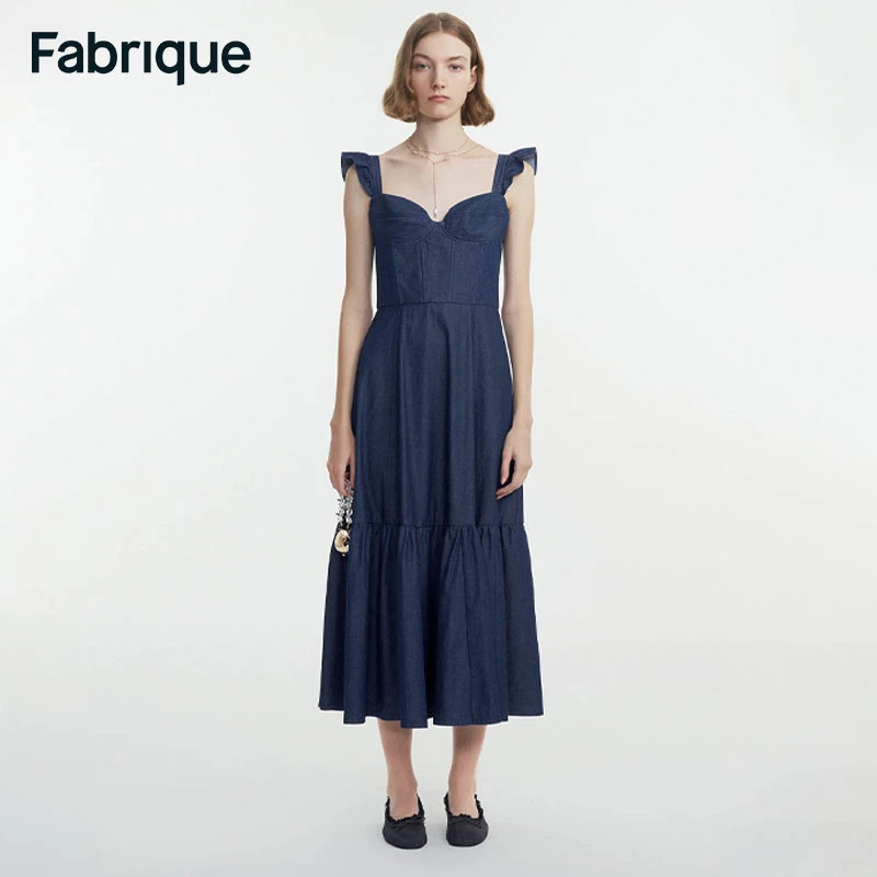 Fabrique深蓝色小飞袖桃心领天丝牛仔连衣裙2024新款修身显瘦裙子