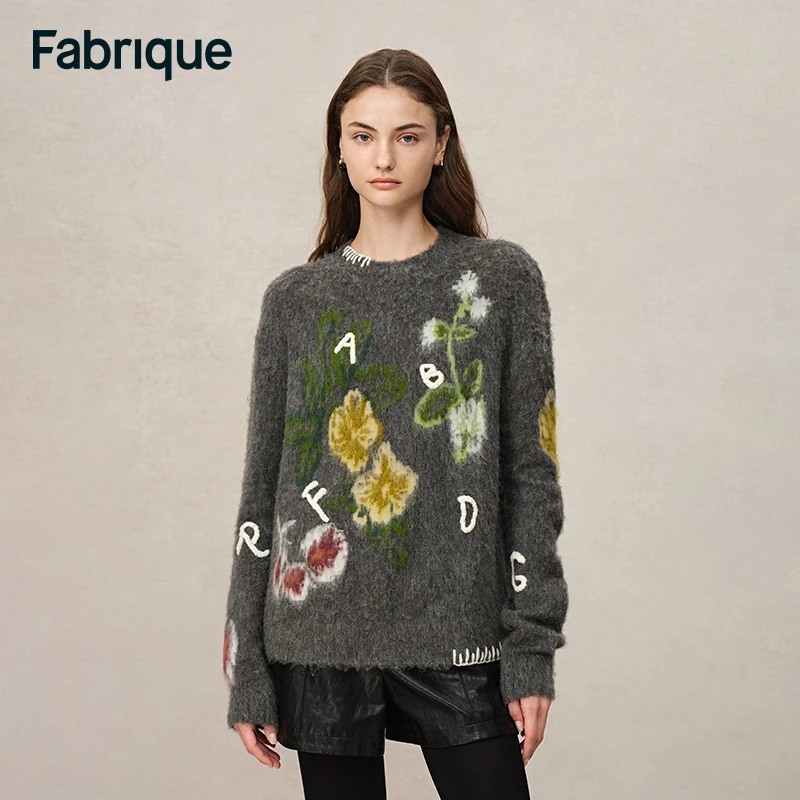 【Fabrique】秋冬新款夜花园羊驼毛手工刺绣字母圆领毛衣