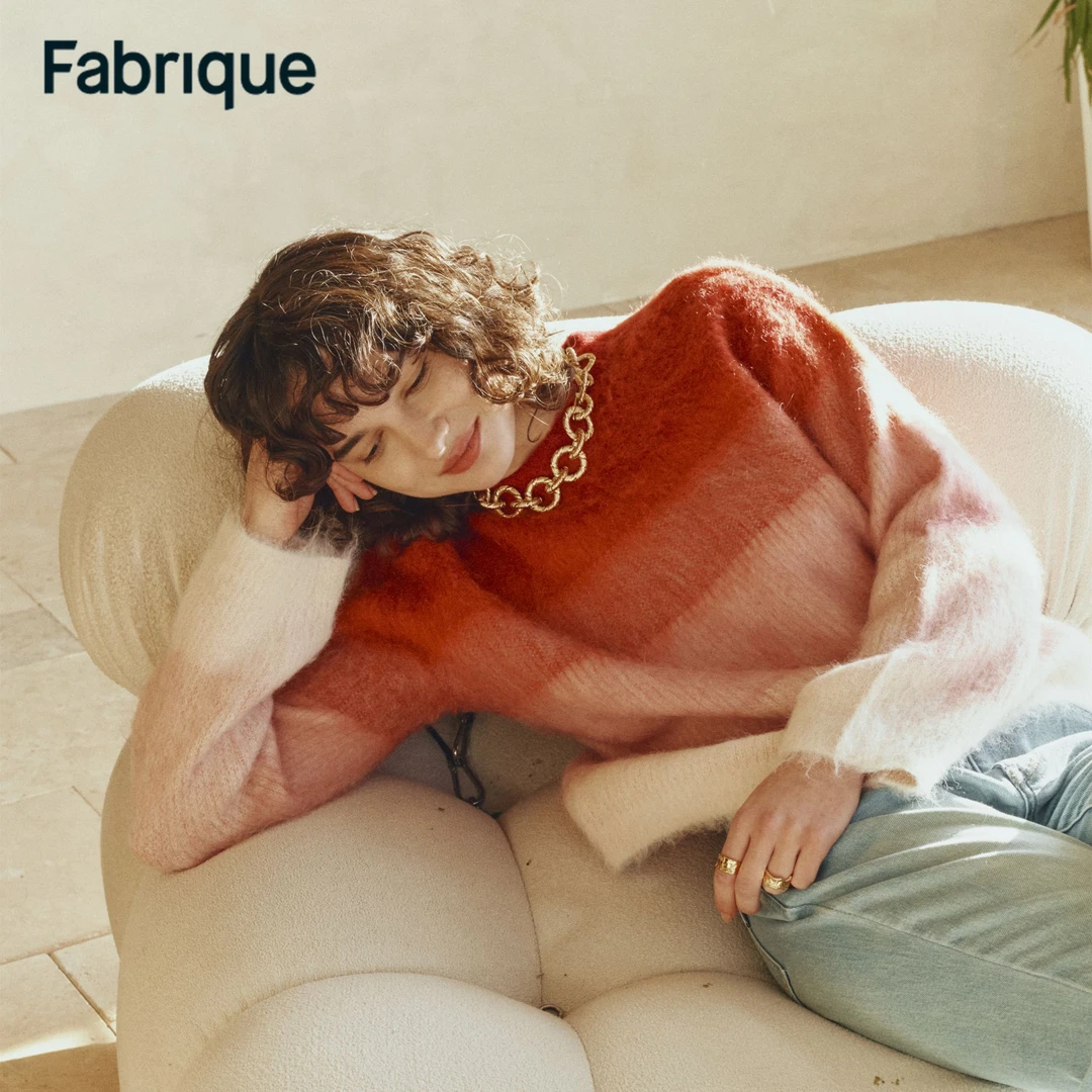 Fabrique【王艳同款】 秋冬樱桃红渐变绵羊毛羊驼毛圆领针织毛衣