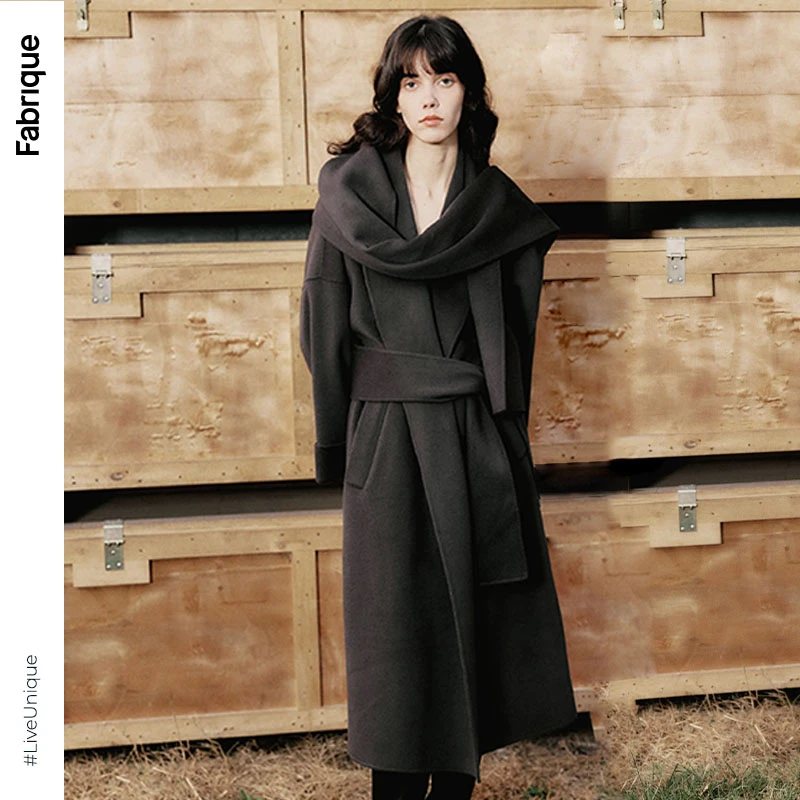 Fabrique锡器灰青果领羊绒阔型大衣秋冬季时尚长款过膝羊毛大衣