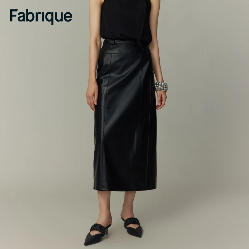 【Fabrique】 Gigi 秋冬新款可调节腰带围裹式刺绣直筒环保皮半裙