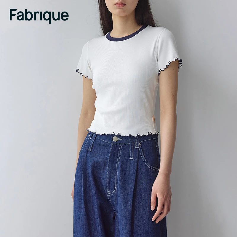 Fabrique圆领木耳边撞色3A抗菌面料T恤2024夏季新款时尚打底上衣