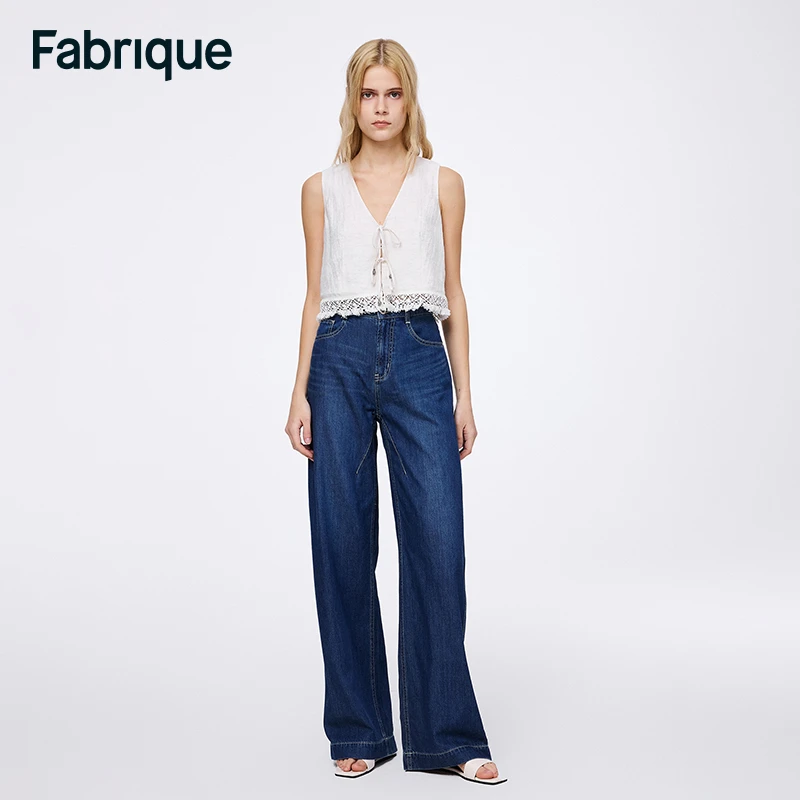 Fabrique直筒版型撞线阔腿牛仔裤2024新款时尚设计感水洗牛仔裤女