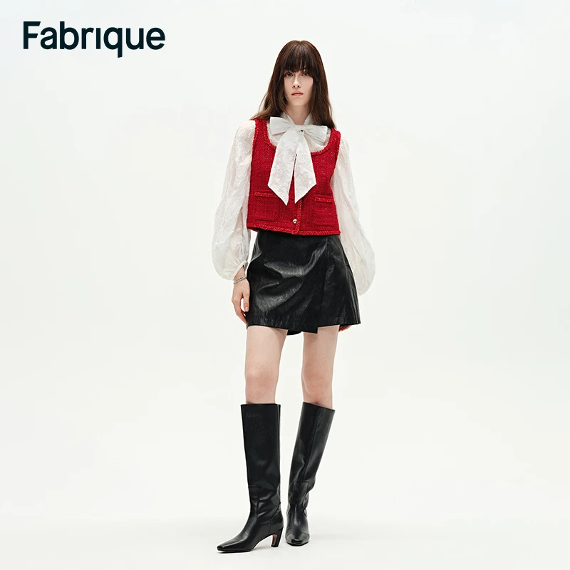 Fabrique【柳岩同款】春新款宝石红手工织带镶边亮丝粗花呢背心马甲