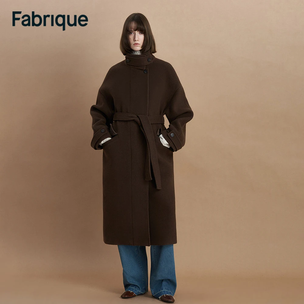 【Fabrique】 Joe秋冬新款乌木棕绵羊毛立领暗门襟大廓形毛呢大衣