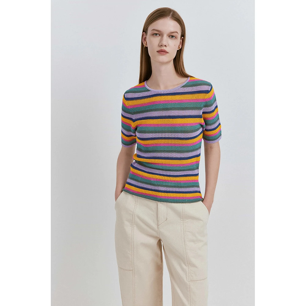 Fabrique撞色条纹短袖针织衫春夏新款时尚拼色上衣女士毛衣针织衫