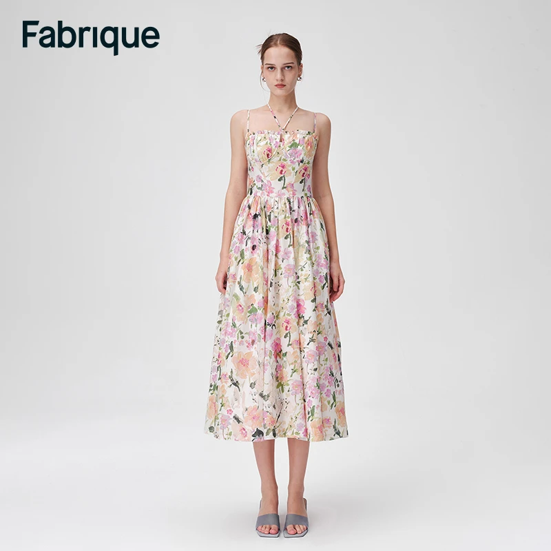Fabrique莫奈花园花卉印花小胸杯系带连衣裙桑蚕丝棉混纺新款裙子