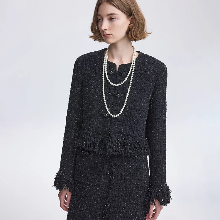 【Fabrique】Violette燧石黑新中式盘扣绵羊毛银葱粗花呢流苏短外套