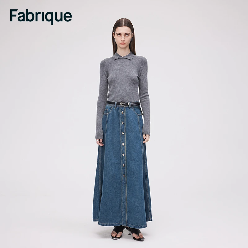 【Fabrique】Bailey秋冬新款设计感多片剪裁阔摆单排扣纯棉春季半裙