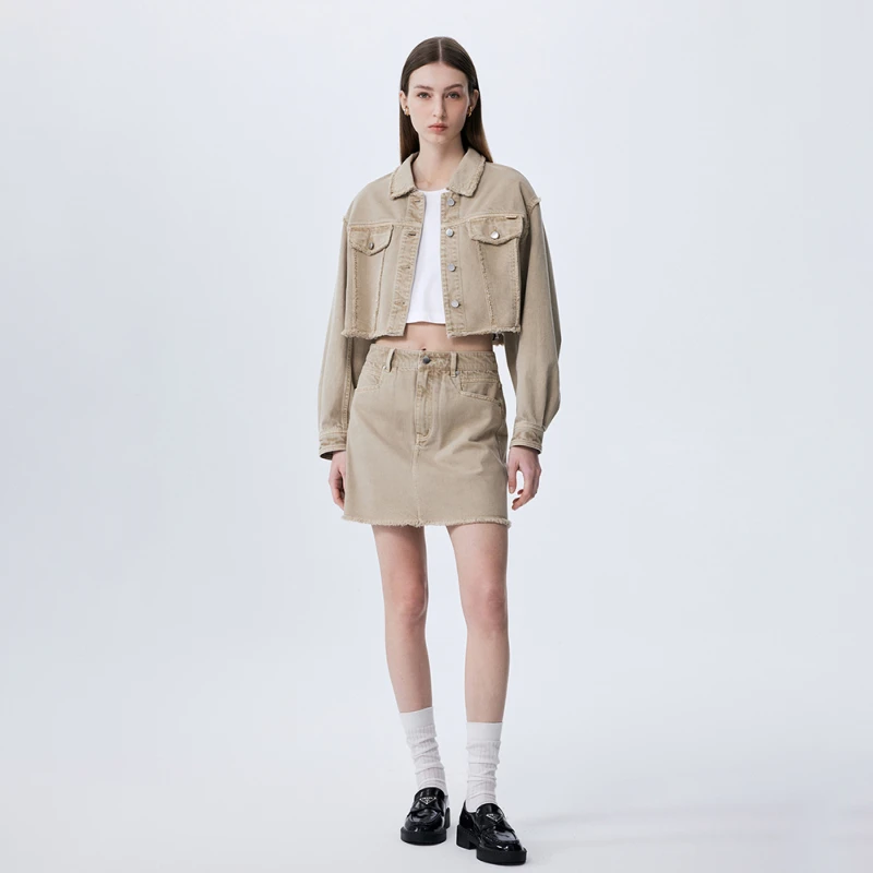 【Fabrique】浅卡其毛边纯棉牛仔夹克上衣女设计感秋季女外套