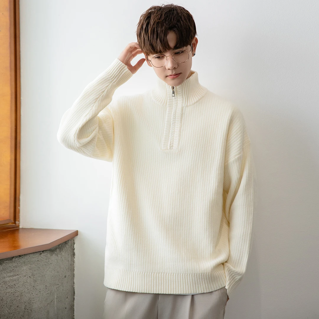 早春男士新款半高领毛衣男高档痞帅百搭宽松休闲拉链打底针织衫