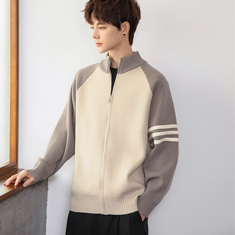 男士立领针织开衫毛衣2025冬季新款潮流拼接撞色加厚保暖针织衫男