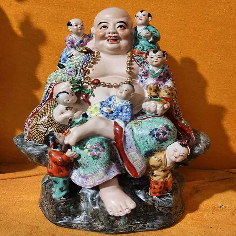 七子闹弥勒景德镇雕塑瓷大肚弥勒佛笑佛五子登科弥勒中式书房摆件
