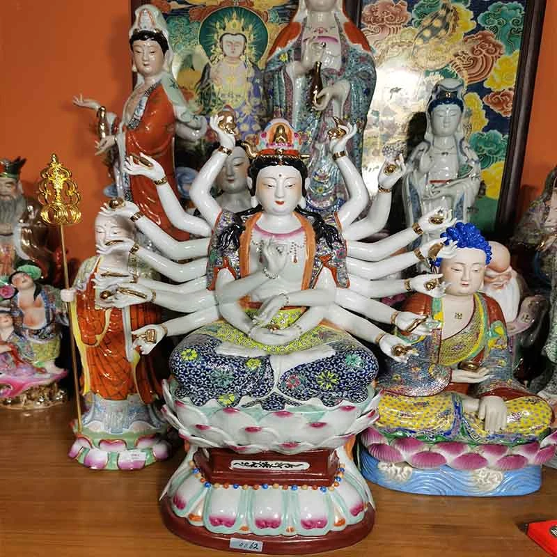 千手观音景德镇陶瓷雕塑手工手绘坐莲千手观世音菩萨家用庙宇摆件