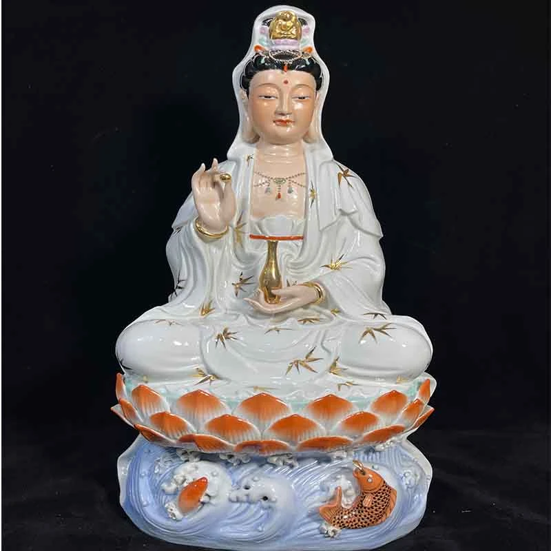 白衣观音景德镇陶瓷坐莲白衣观音中式家用工艺品店铺摆件竹叶观音