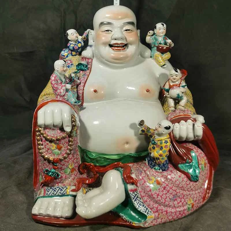 老款五子弥勒佛景德镇陶瓷雕塑手工粉彩五子登科多仔大肚弥勒摆件