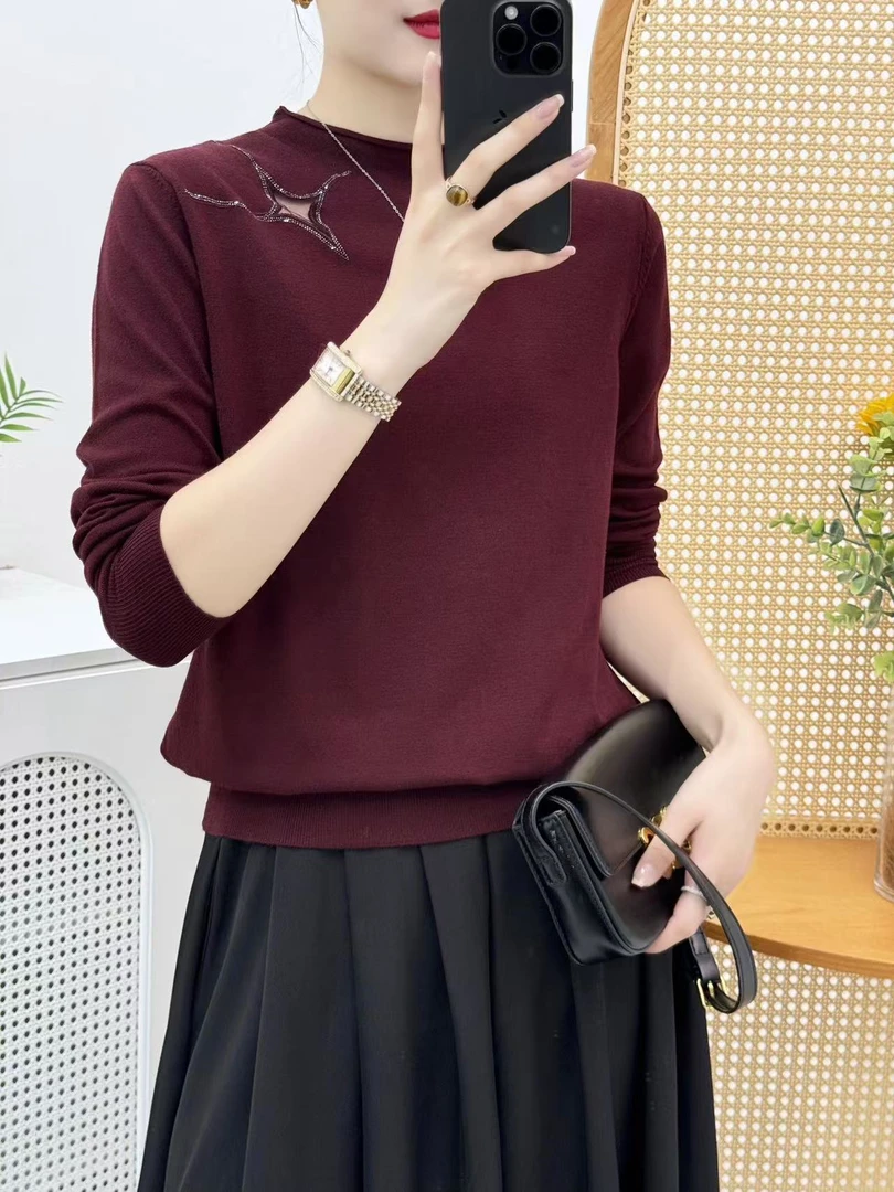 秋季菱形镂空透肉时尚洋气百搭针织打底衫36818