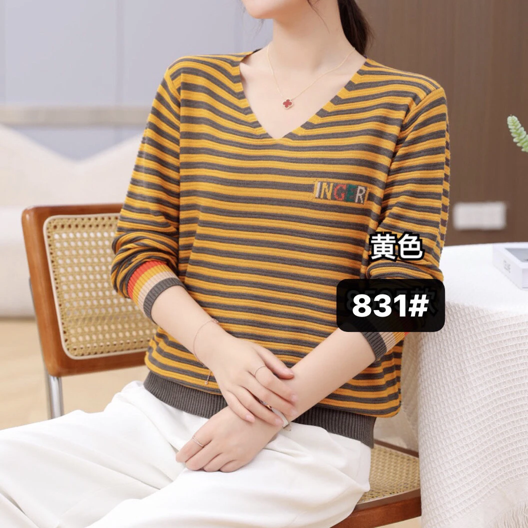 秋季时尚条纹V领宽松长袖上衣831