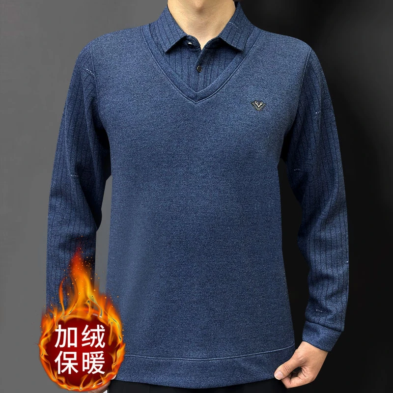 【车车姐】西盟罗盾男士新款秋冬商务翻领中年加绒假两件T23-66