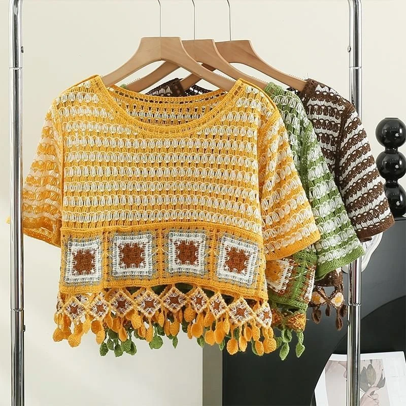 2023款甜辣法式上衣显瘦女夏季微胖别致短袖条纹针织衫