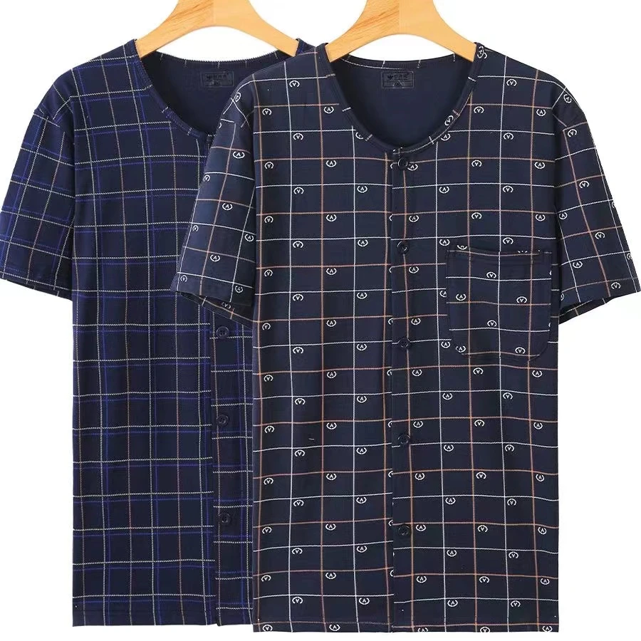 中老年人男士纯棉开衫短袖t恤宽松加肥大码薄款半袖背心透气汗衫