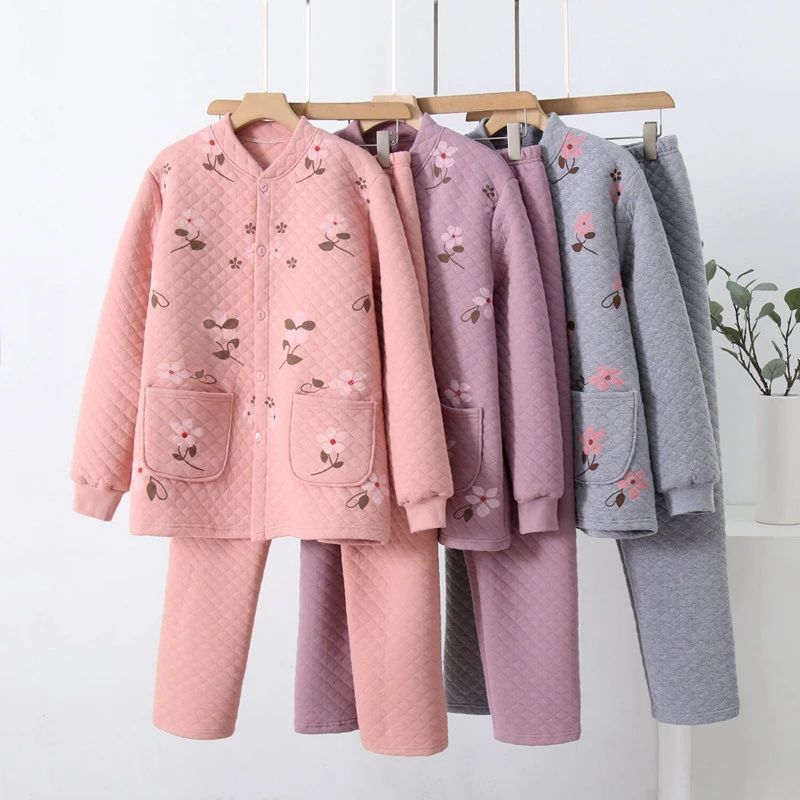 中老年三层夹棉保暖套装女士开衫加厚棉毛衫秋冬妈妈宽松对襟上衣