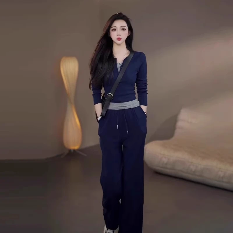 欧货休闲运动套装女春秋季新款显瘦遮肉时尚洋气假两件上衣两件套