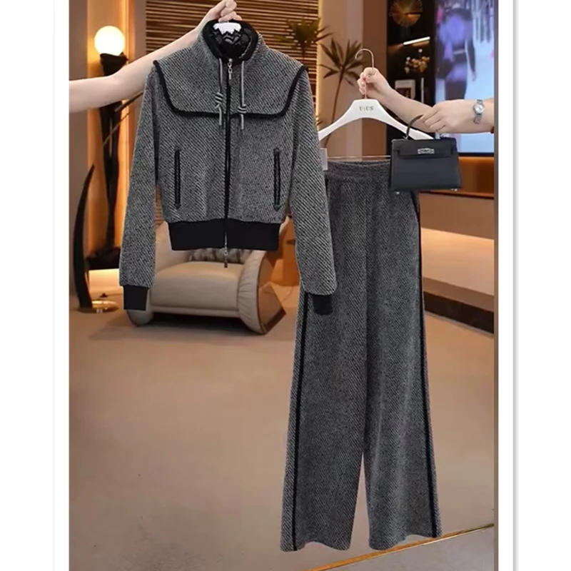 2024秋冬新款加绒运动休闲套装女时尚高级感拉链卫衣阔腿裤两件套