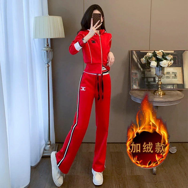 品牌加绒红色休闲运动服套装女秋冬显瘦连帽开衫卫衣阔腿裤两件套