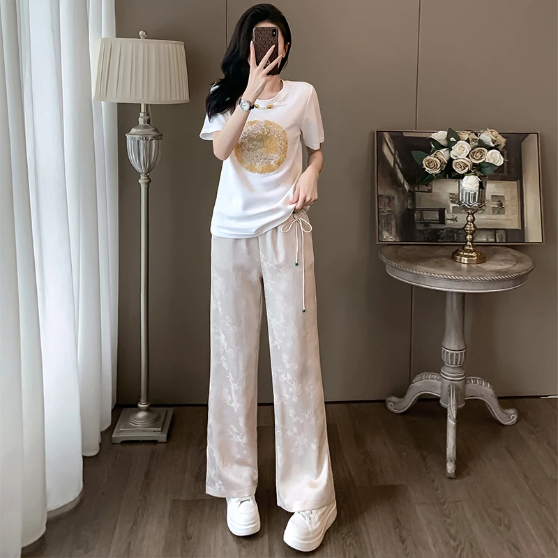 新中式女装国风休闲运动套装女夏季2024新款短袖提花阔腿裤两件套