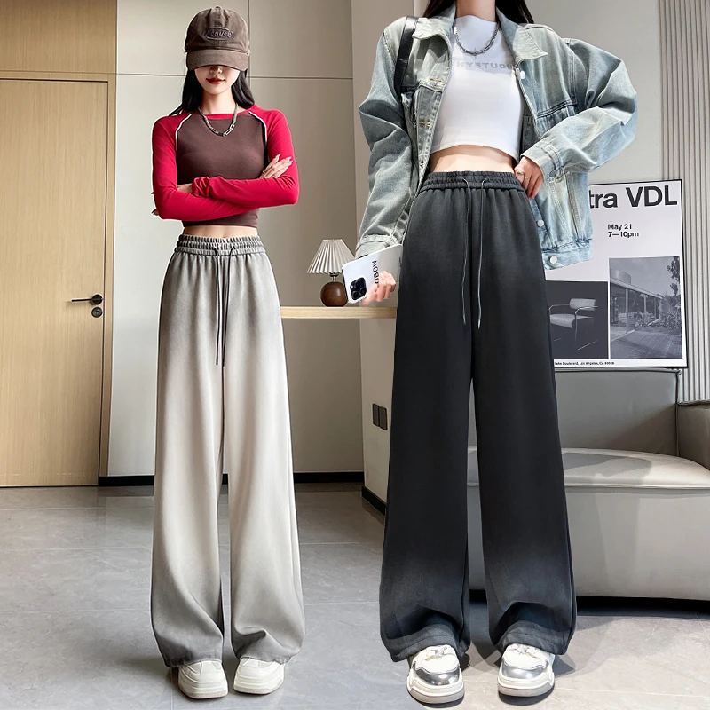 扎染渐变运动裤女2024新秋冬松紧高腰显瘦宽松直筒垂感拖地阔腿裤