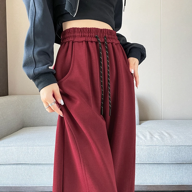 安可拉红色阔腿裤女小个子2024秋冬香蕉裤宽松显瘦休闲运动卫裤潮