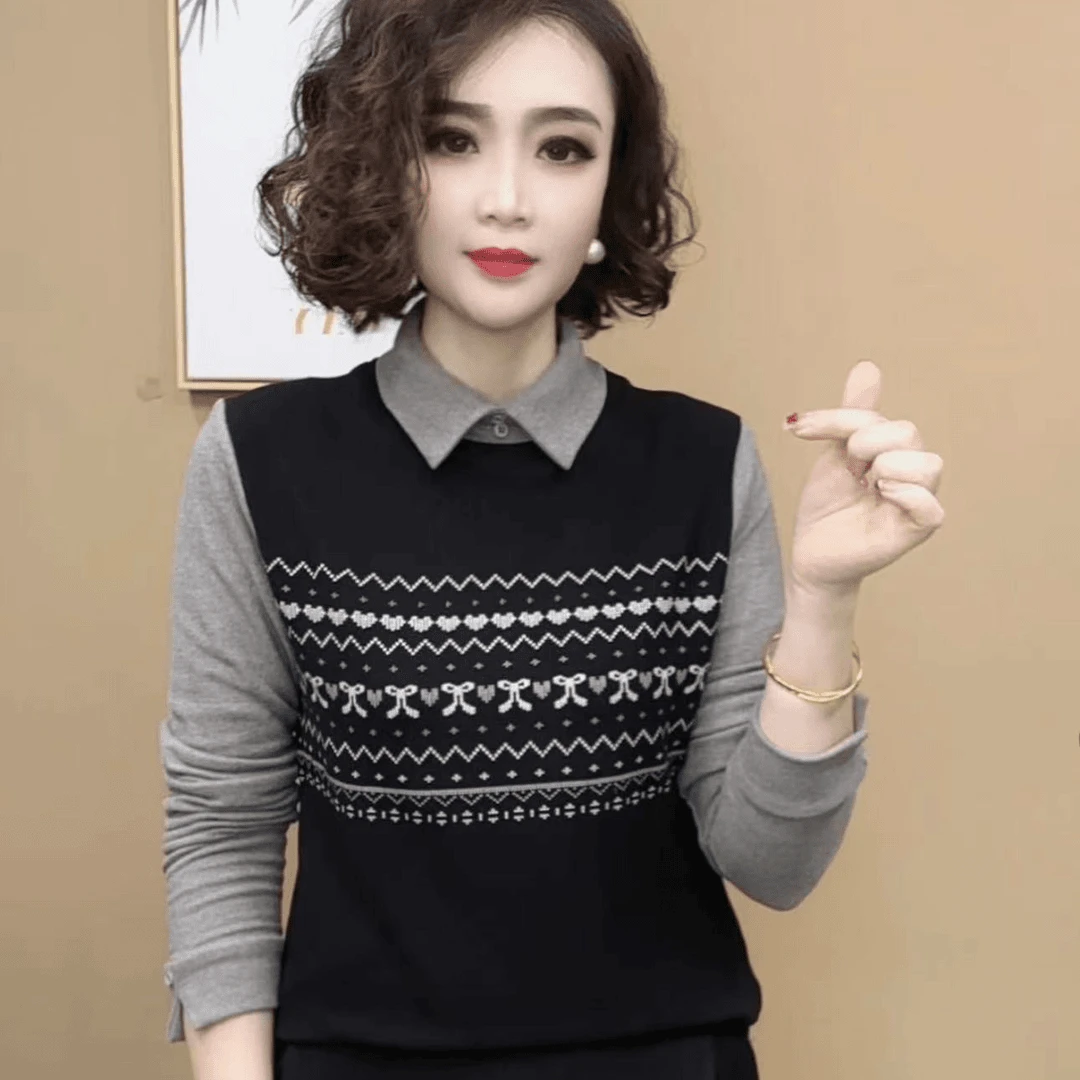 秋冬新款双面澳绒打底衫民族风小众假两件提花翻领套头自发热衬衫