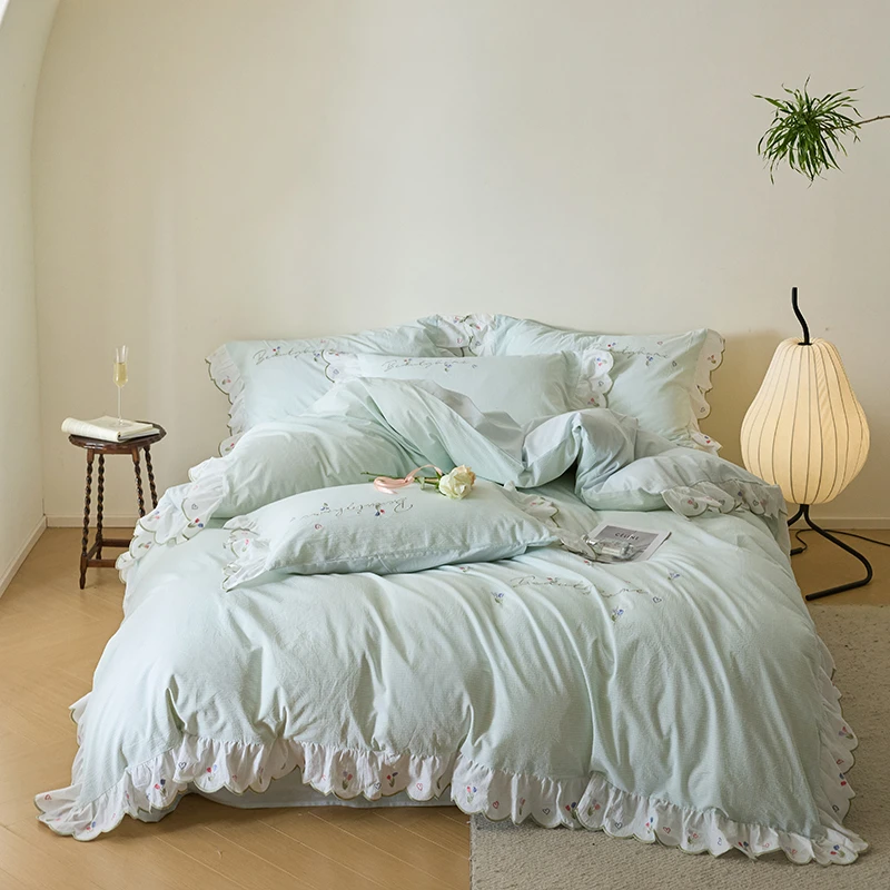全棉纯色绣花加厚小清新韩式裙边公主水洗全棉三件套四件套