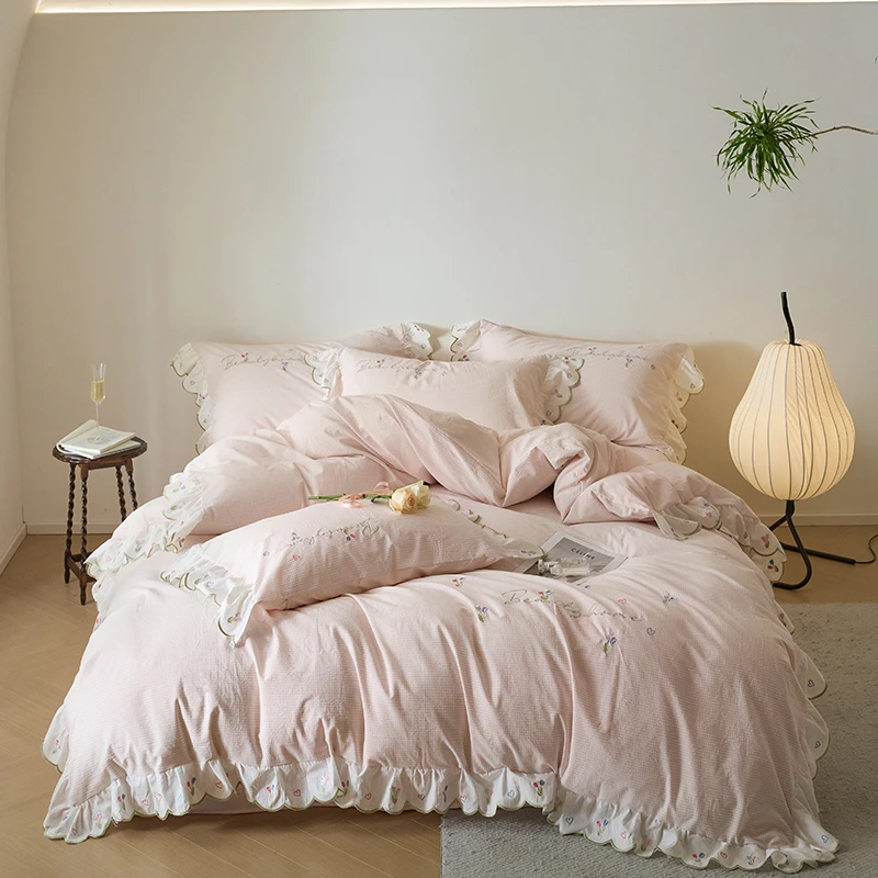 全棉水洗全棉绣花小清新公主风韩式加厚法式简约轻奢四件套三件套