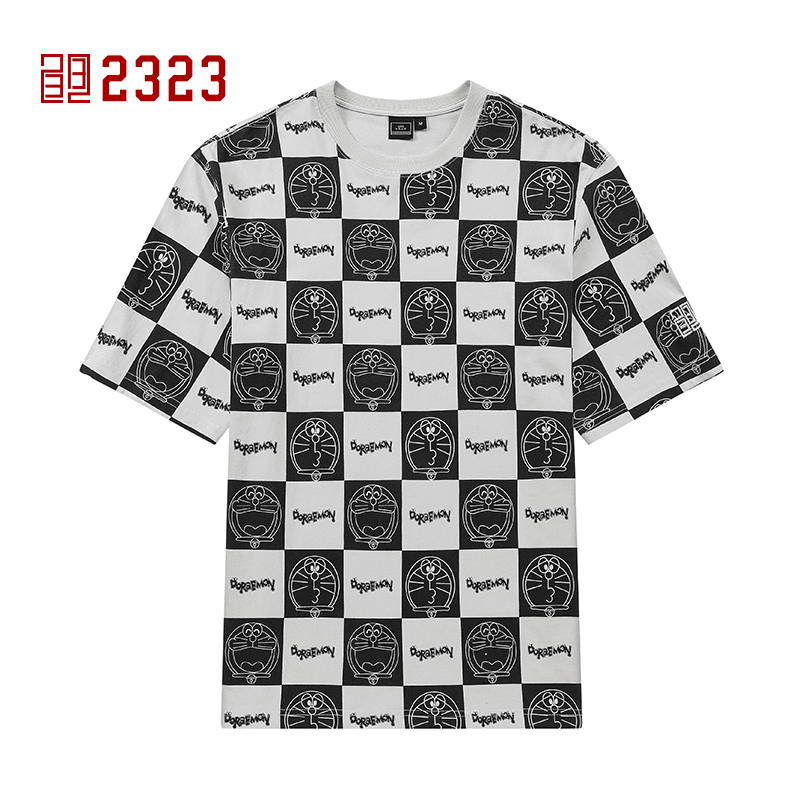 2323短袖T恤女黑色夏季棋盘格哆啦A梦满印刺绣情侣款5分潮牌半袖