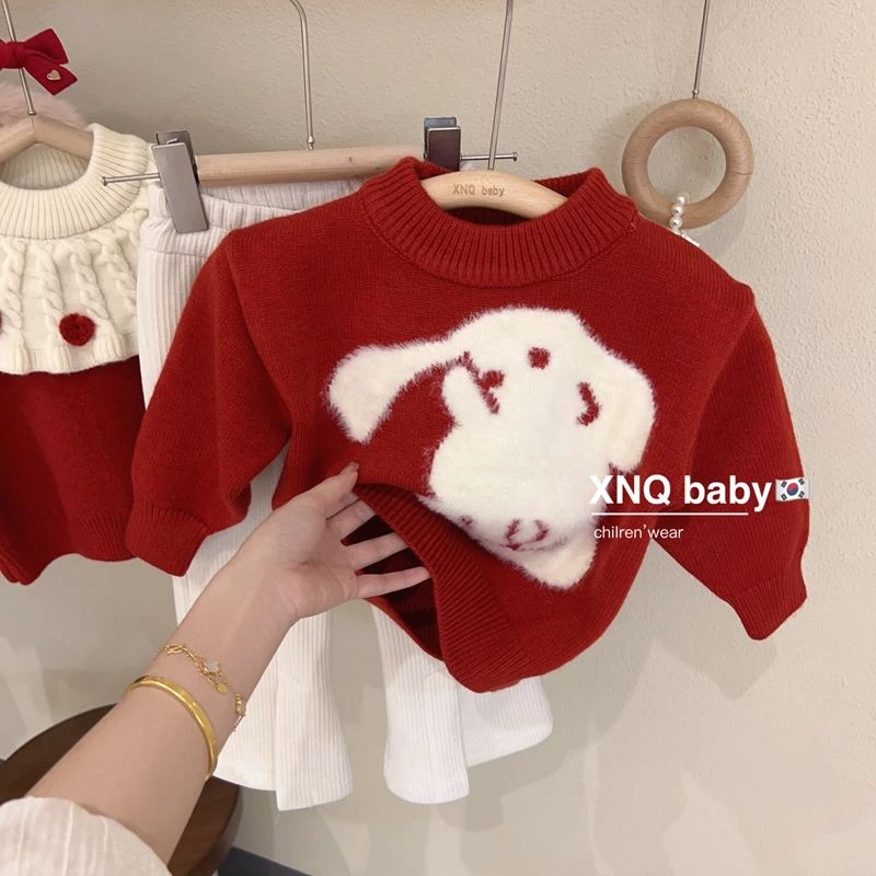 【小扬哥推荐】亲子装秋冬装红色毛衣植绒兔子一家三口过年全家装