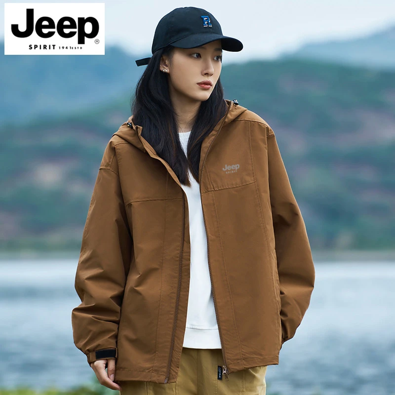 JEEPSPIRIT春秋新款男女同款时尚百搭连帽冲锋衣休闲夹克外套上衣