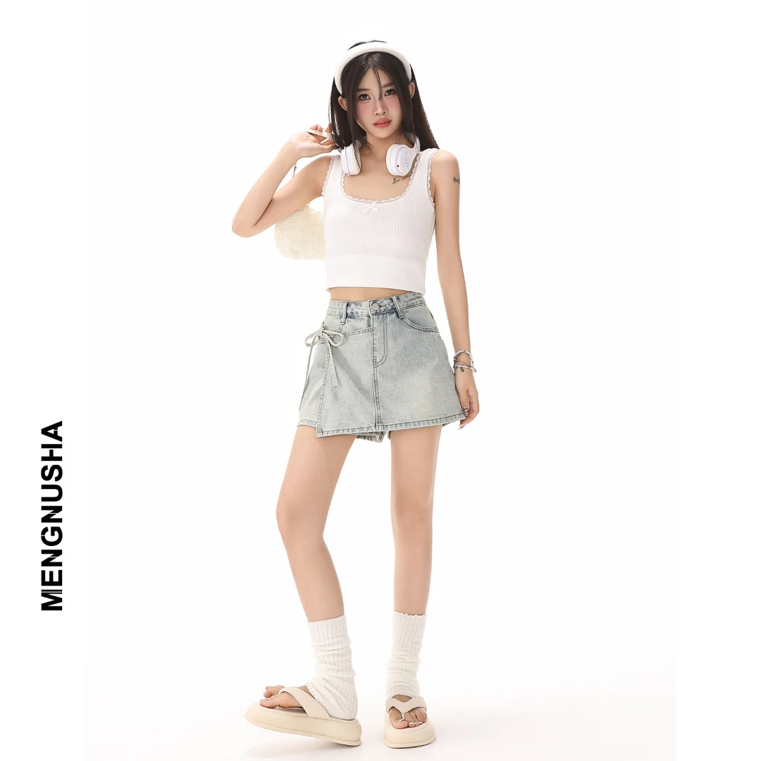 设计感牛仔短裤女2024夏季A字高腰不规则绑带小个子辣妹百搭裙裤